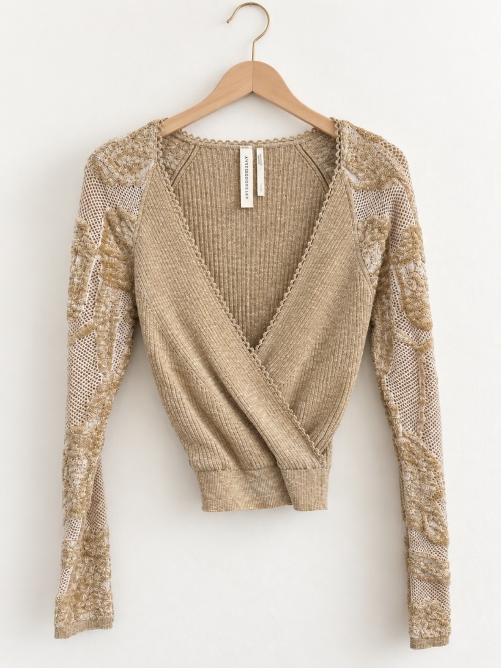 Anthropologie Beige Wrap Top Embroidered Sleeve Blouse